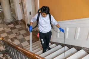 Professionel trappevask udføres af rengøringsmedarbejder i opgang med rygstøvsuger og handsker.