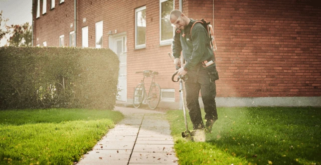 Medarbejder trimmer græskanter med græstrimmer langs flisebelagt sti ved boligbyggeri