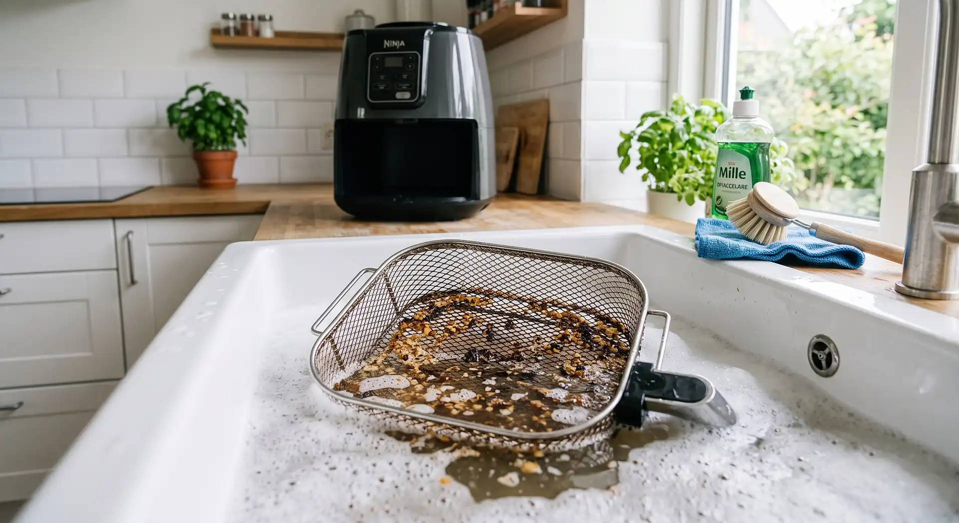 Airfryer-kurv sat i blød i sæbevand i en opvaskekumme for at løsne fedt.