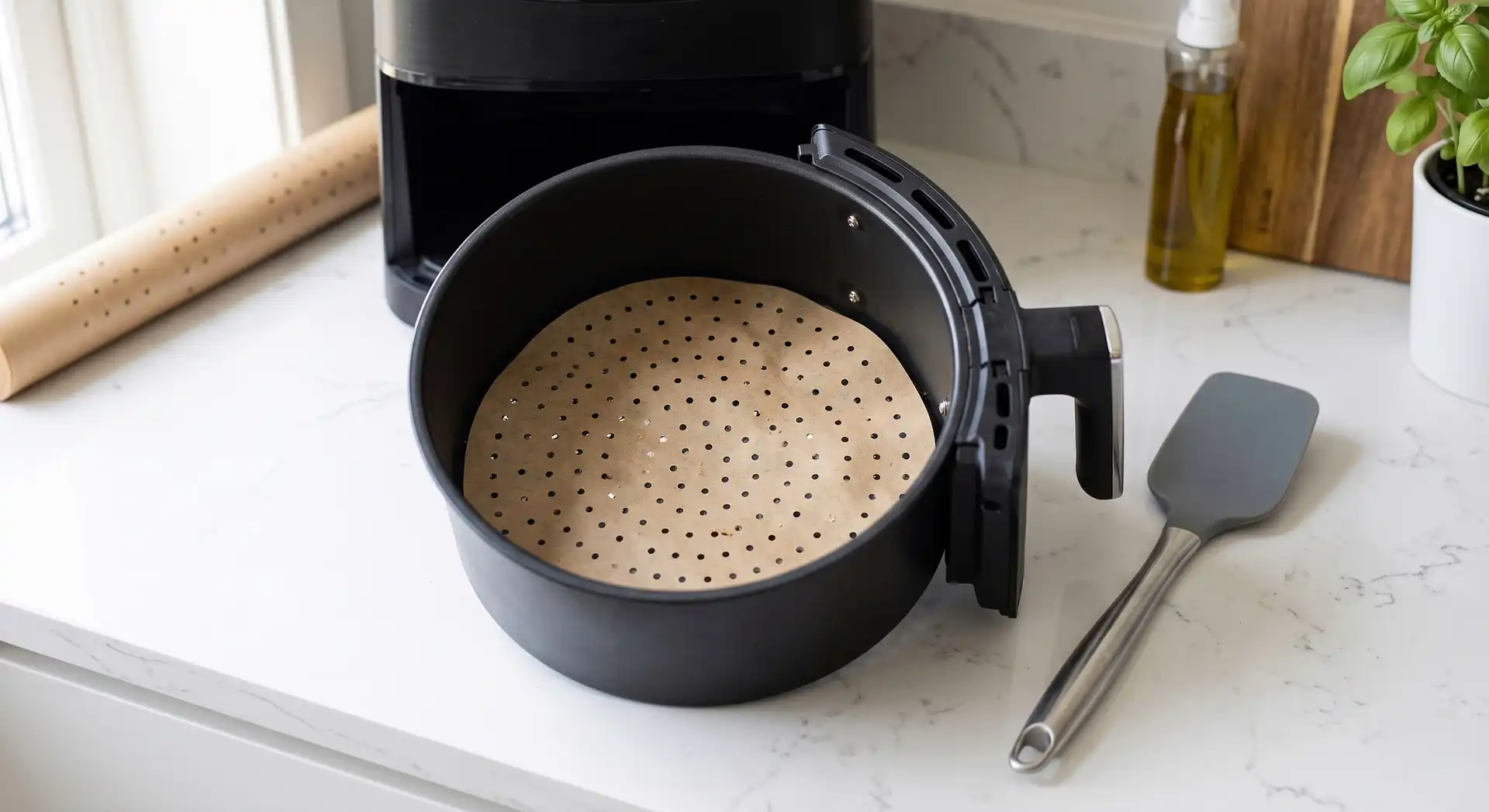 Airfryer-kurv med perforeret bagepapir i bunden og en silikonespatel ved siden af.