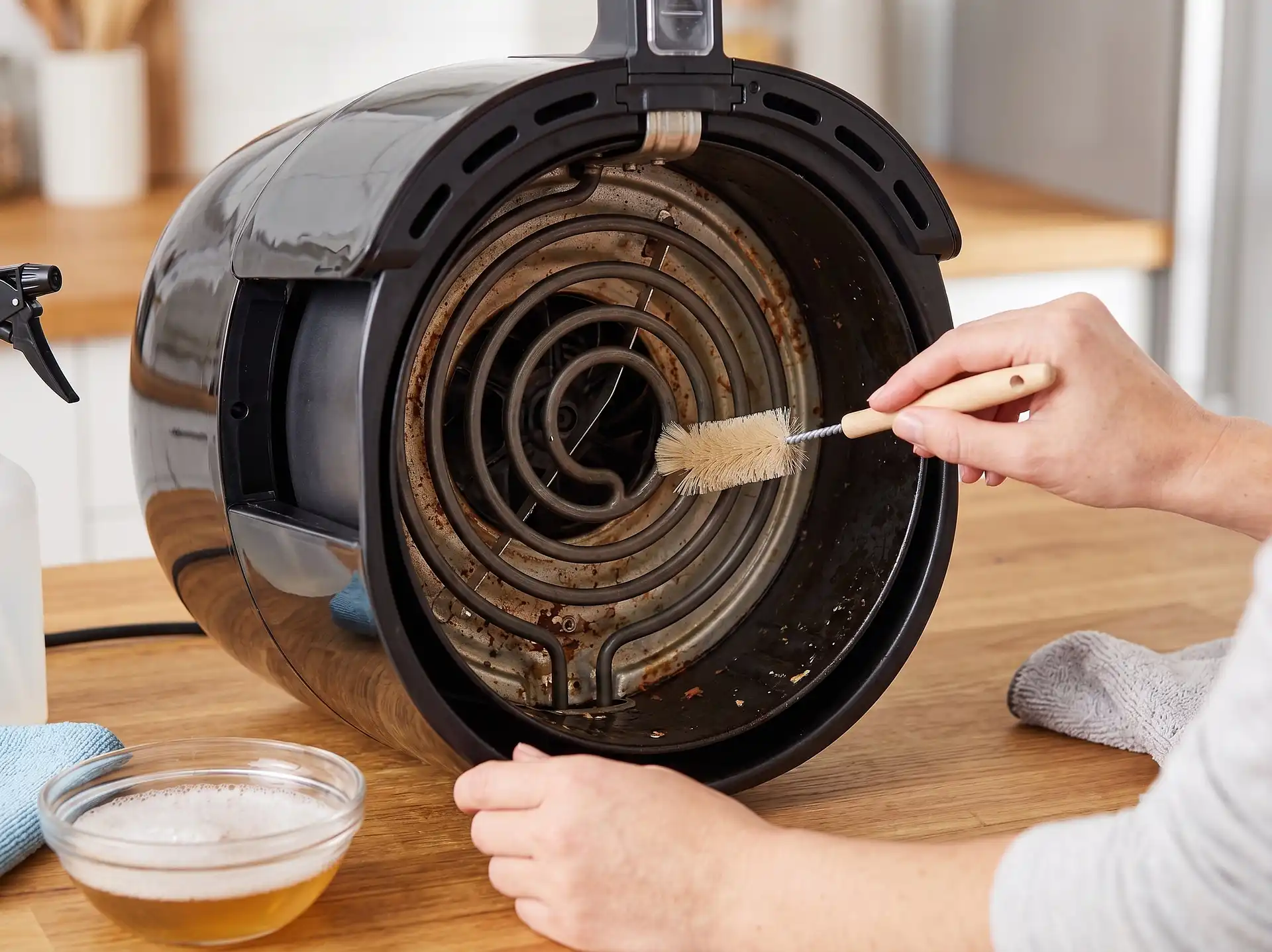 Airfryer vendt på hovedet mens en blød børste rengør varmelegemet forsigtigt.