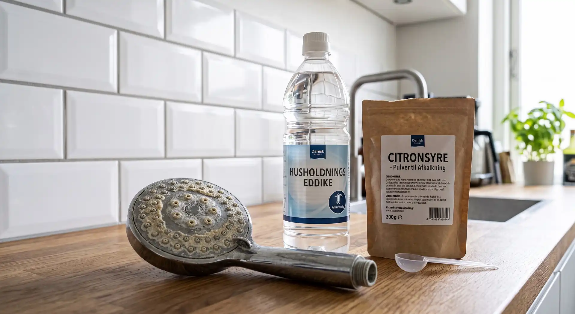 Flaske husholdningseddike og citronsyre til afkalkning af brusehoved på køkkenbord.