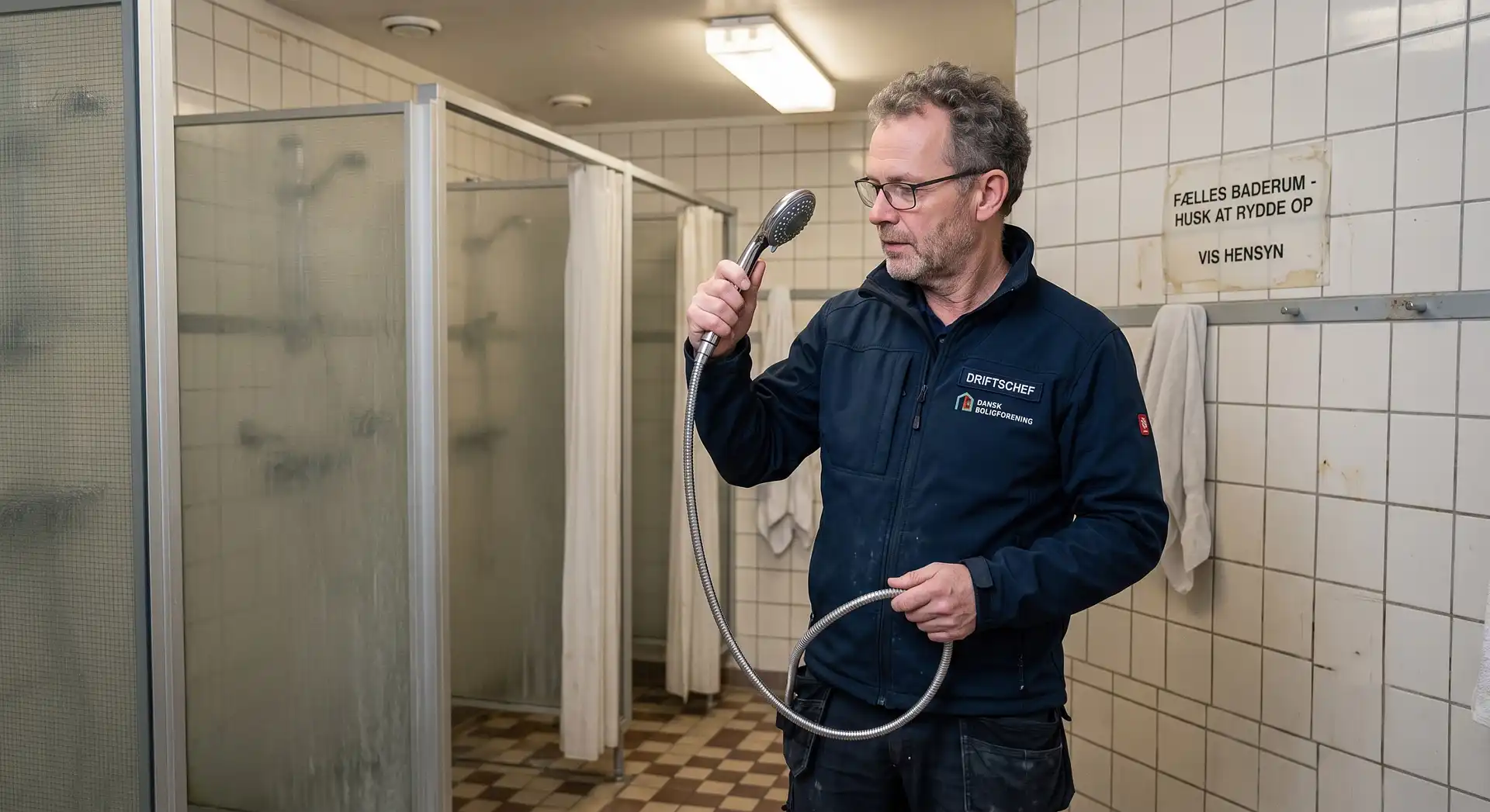 Driftschef inspicerer brusehoved i fællesbaderum i dansk boligforening.