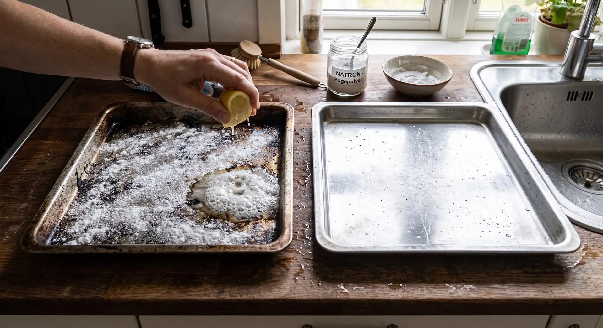 Hånd presser citron over natrondrysset bageplade på køkkenbord i dansk hjem