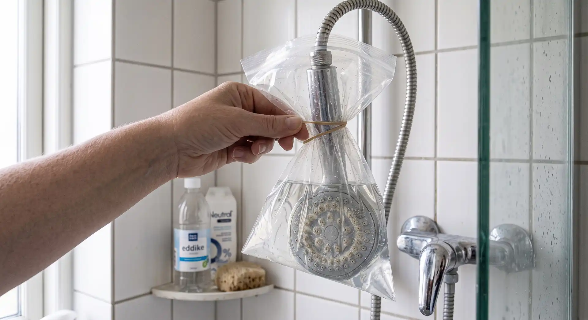 Hånd, der binder plastpose med eddike om brusehoved for at afkalke det.