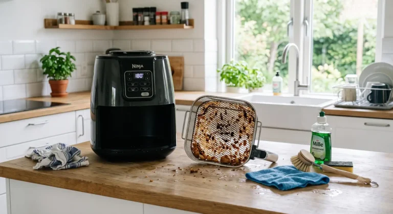 Airfryer med kurv taget ud på et lyst dansk køkkenbord klar til rengøring.