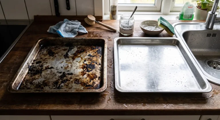 Snavset og ren bageplade side om side på køkkenbord efter rengøring med natron