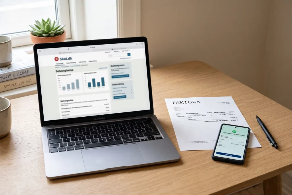 Laptop med TastSelv åben, faktura og MobilePay ved indberetning af servicefradrag