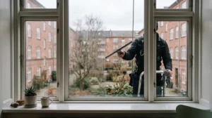 Professionel vinduespudser renser vinduer på dansk lejlighed i København
