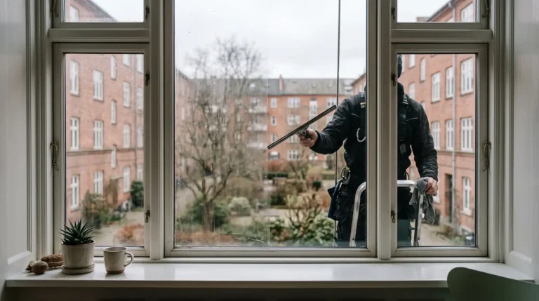 Professionel vinduespudser renser vinduer på dansk lejlighed i København